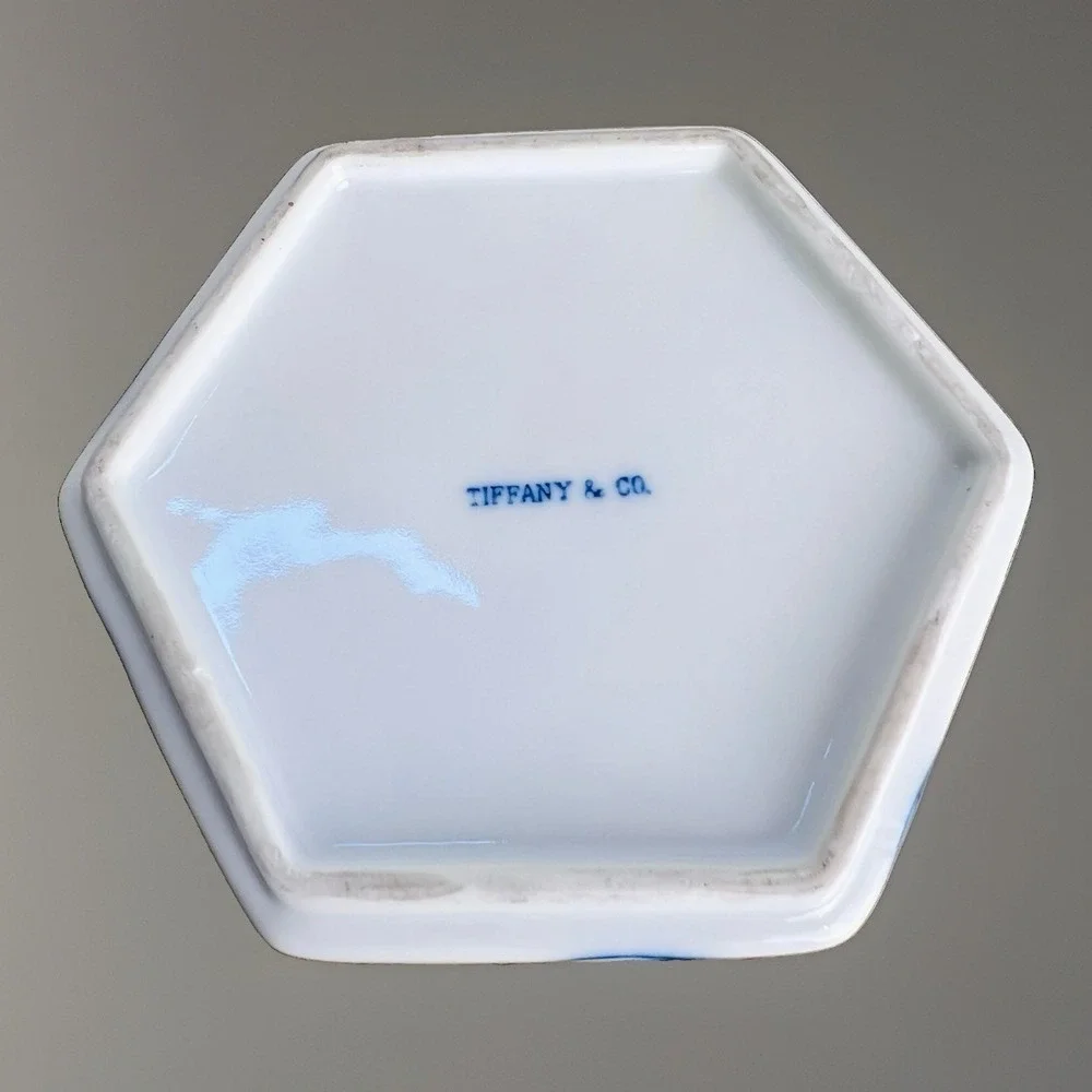 Vintage Tiffany & Co Porcelain Hexagon Lidded Trinket Jewelry Box Blue White 5